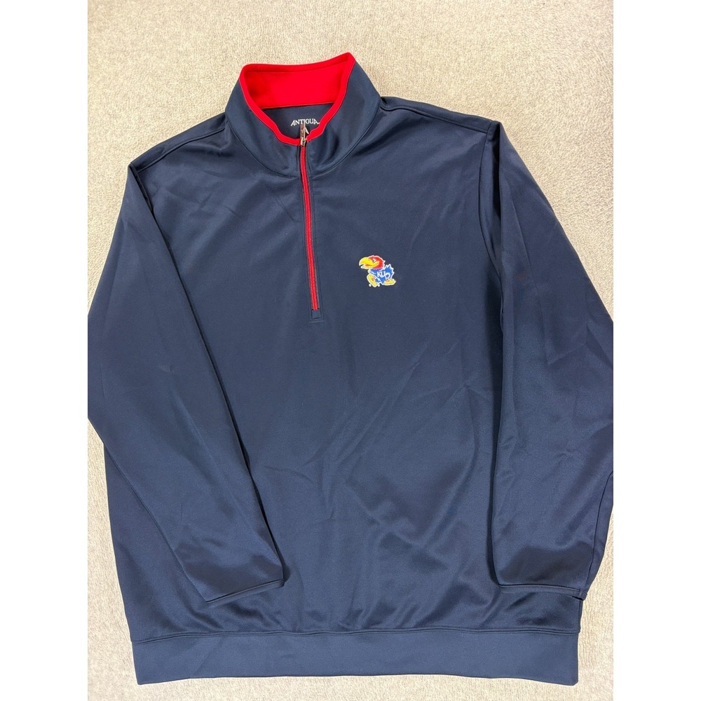 Kansas Jayhawks Antigua 1/4 Zip Stitched Logo Campus Pullover (Men's 3XL) Blue